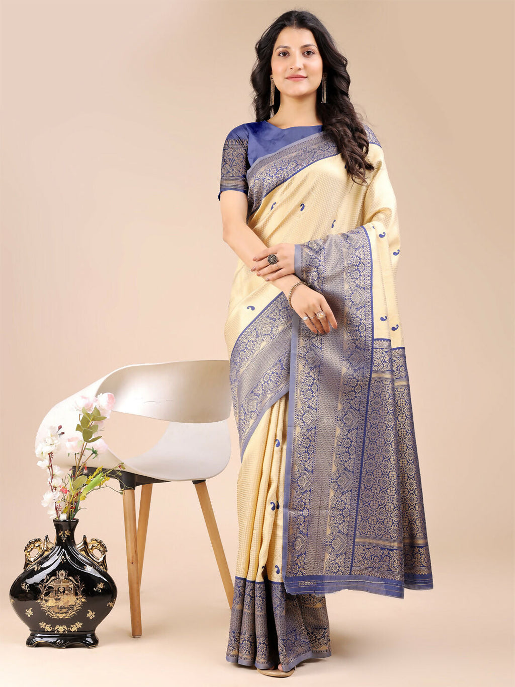Cream and navy blue Banarasi silk saree with matching blouse piece