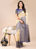 Cream and navy blue Banarasi silk saree with matching blouse piece