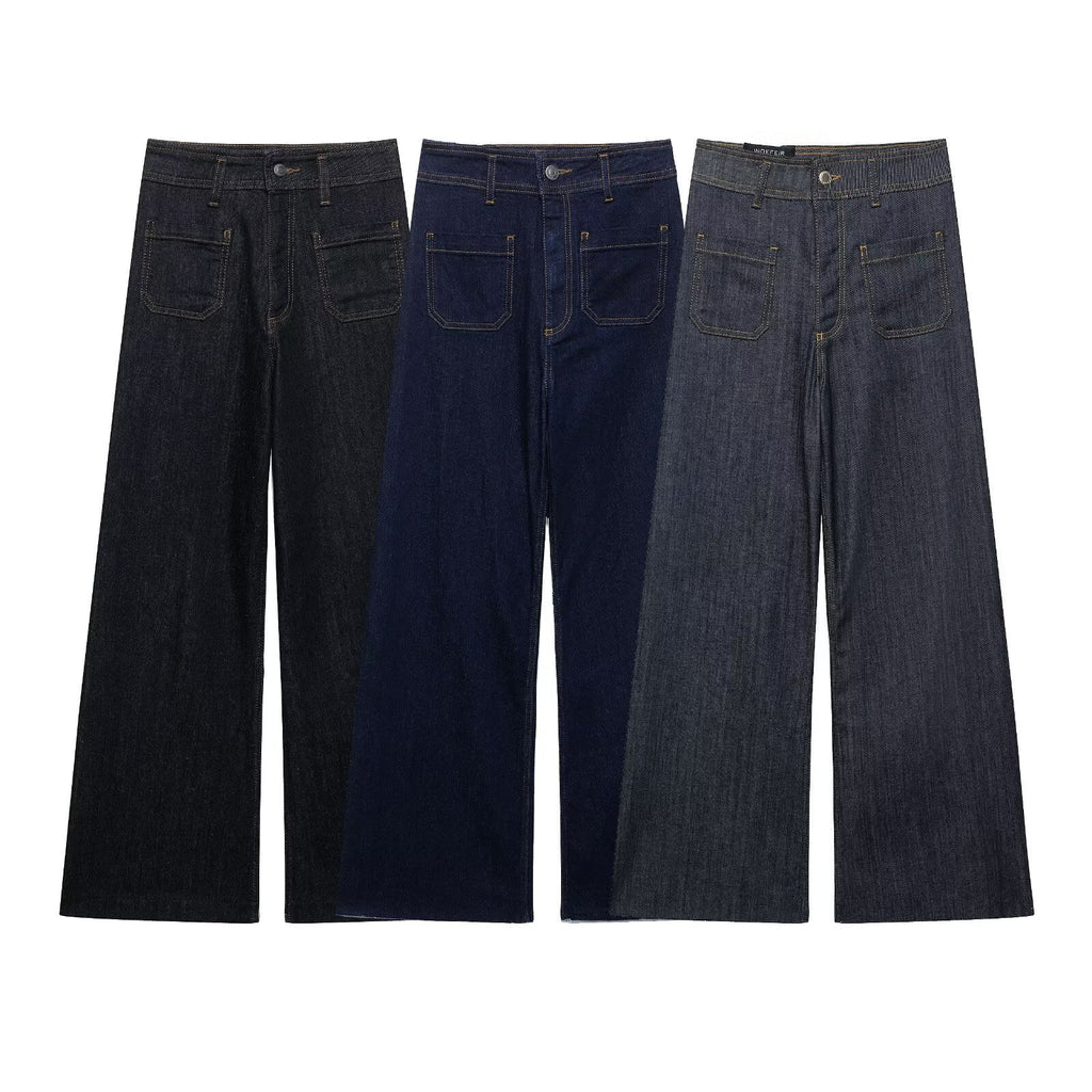 Three pairs of women's high waist wide leg jeans in Black, Deep Blue, and Grey Black, displayed flat on a white background.