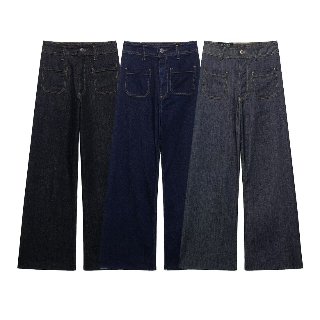 Three pairs of women's high waist wide leg jeans in Black, Deep Blue, and Grey Black, displayed flat on a white background.