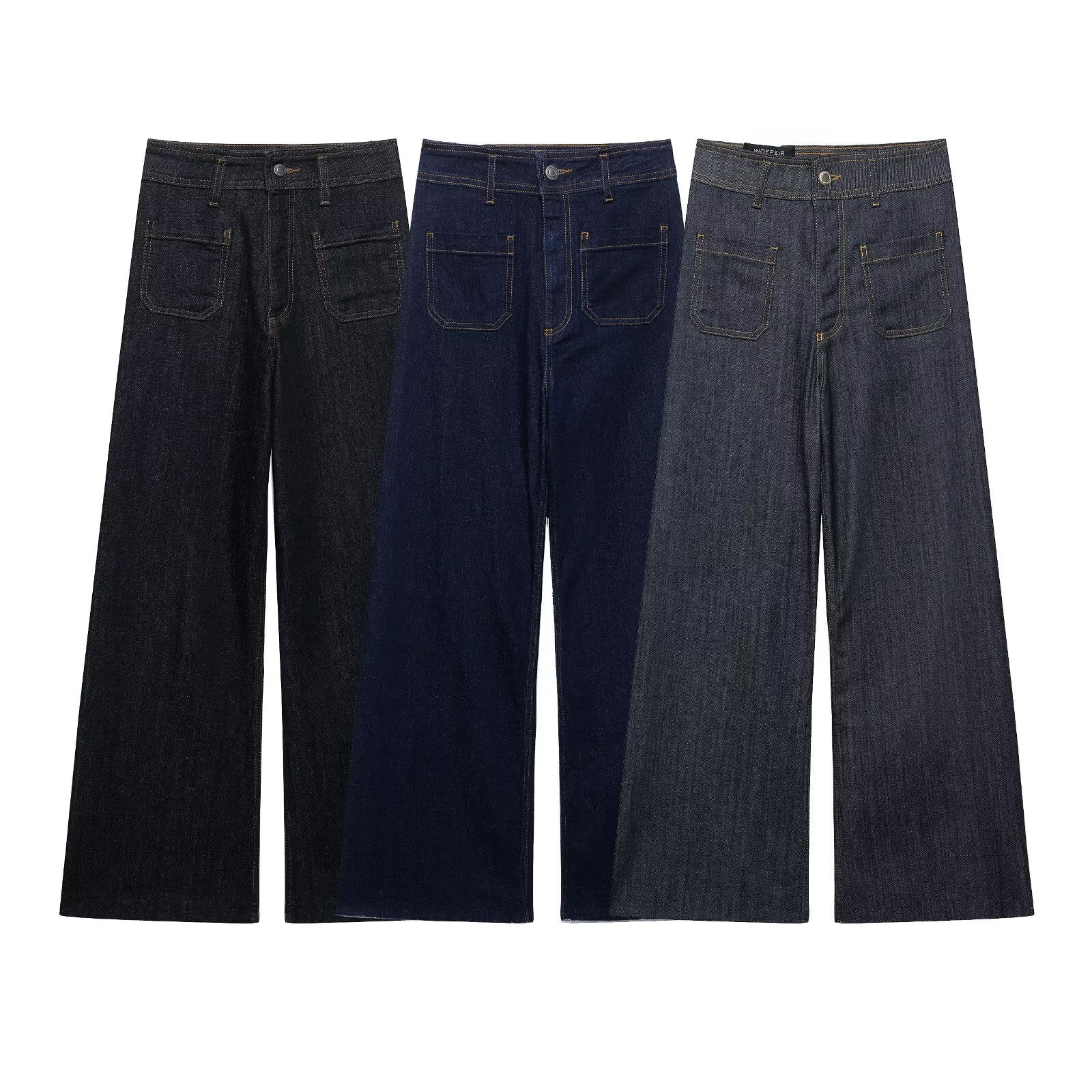 Three pairs of women's high waist wide leg jeans in Black, Deep Blue, and Grey Black, displayed flat on a white background.