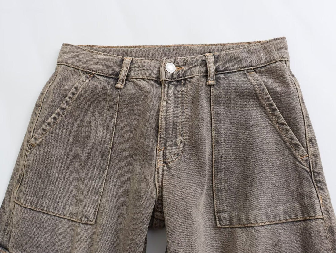 Y2K High Waist Wide Leg Denim Cargo Pants - Blue & Grey - Image 3