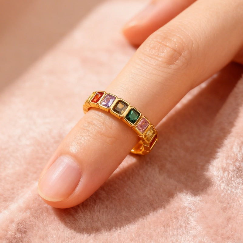 Womens Colorful Square Zircon Inlaid Open-End Ring