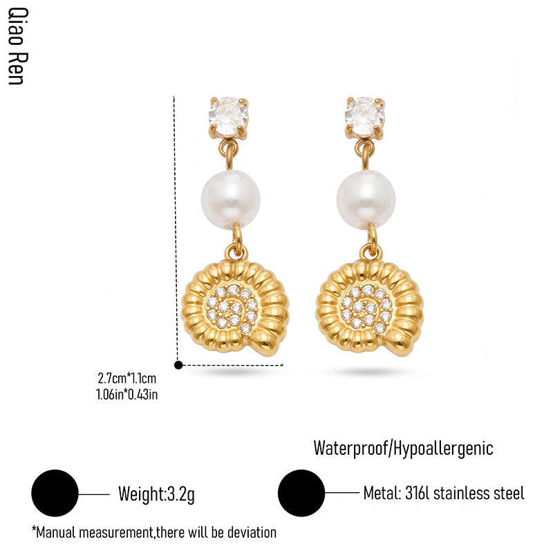 Bohemian Ocean Style High-quality Stainless Steel Seashell Shaped Pearl Earrings