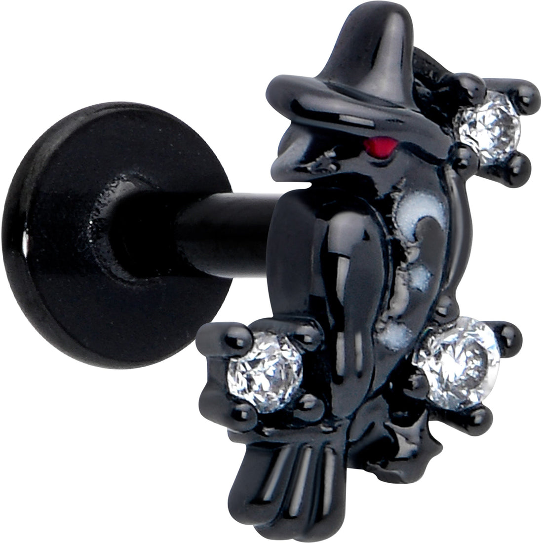 16G 1/4 Clear CZ Gem Black Raven Witch Labret Monroe Tragus