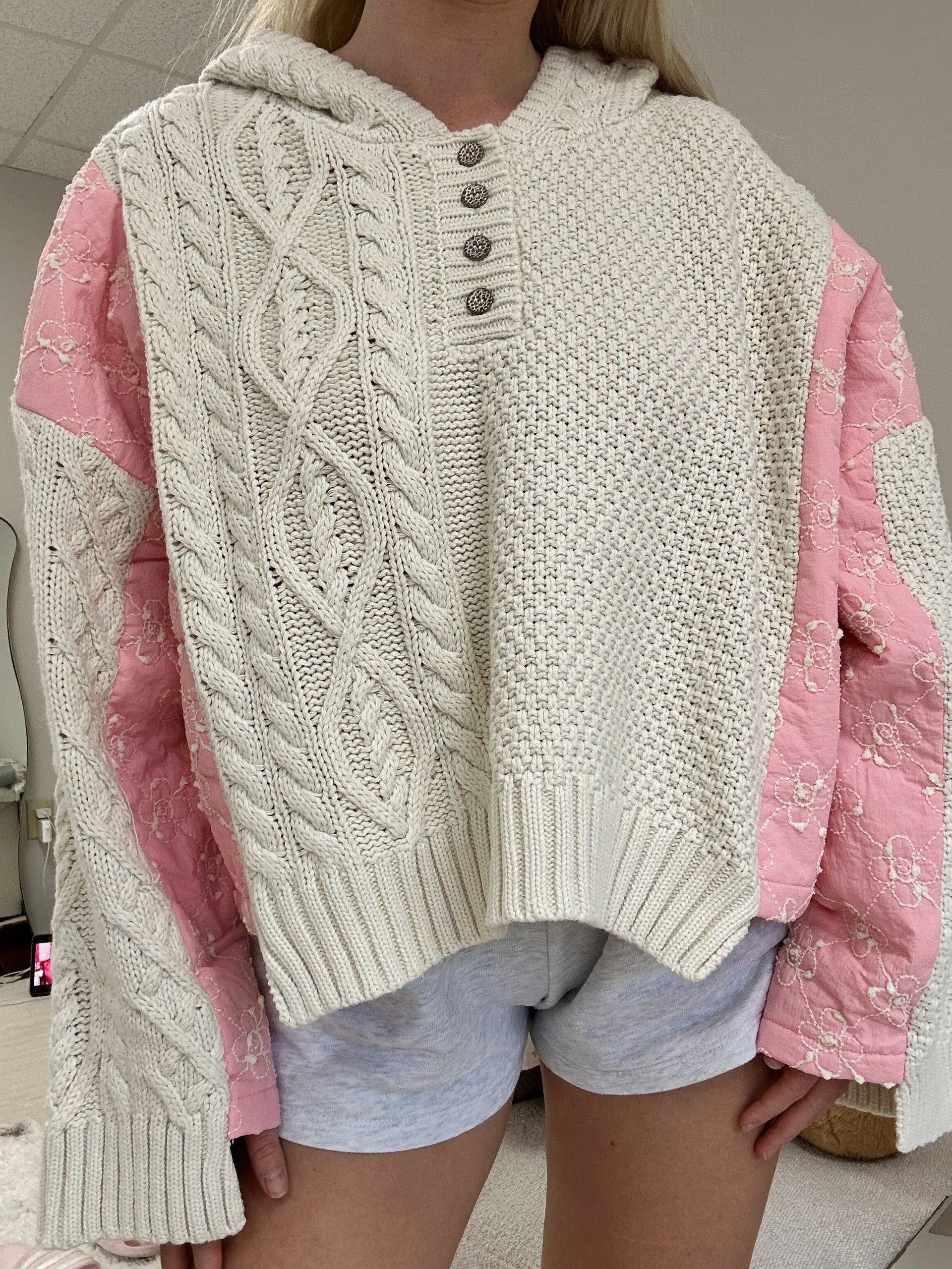 Pink Blossom Quilted Cotton Hoodie Sweater with Metal Buttons