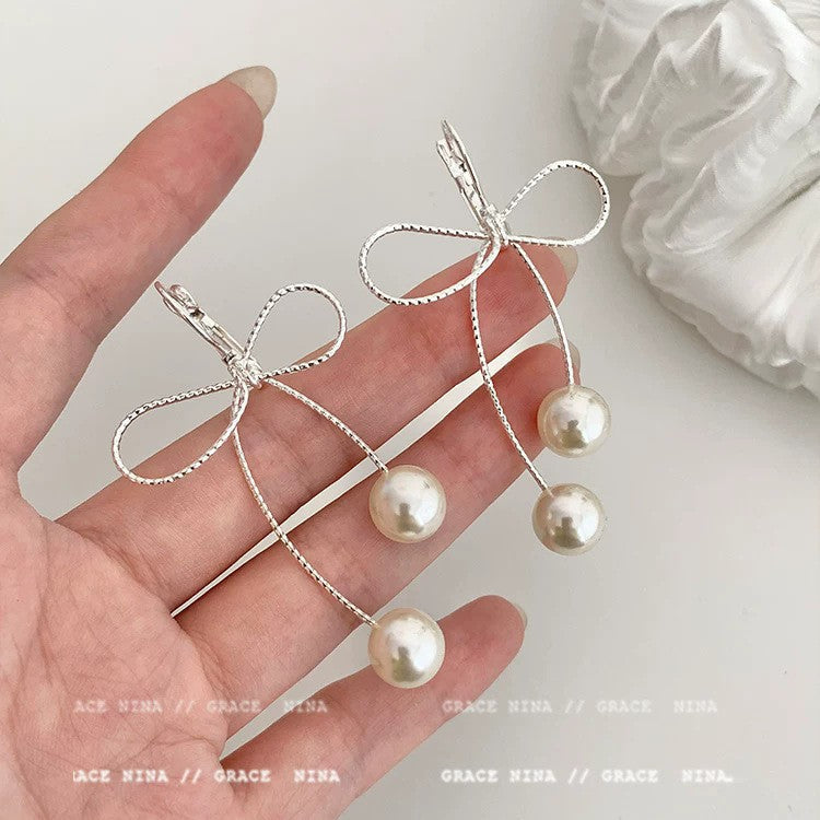 Women Bow Pearl Tassel Stud Earrings,Fashion Costume Accessories For Daily Party Occasion
