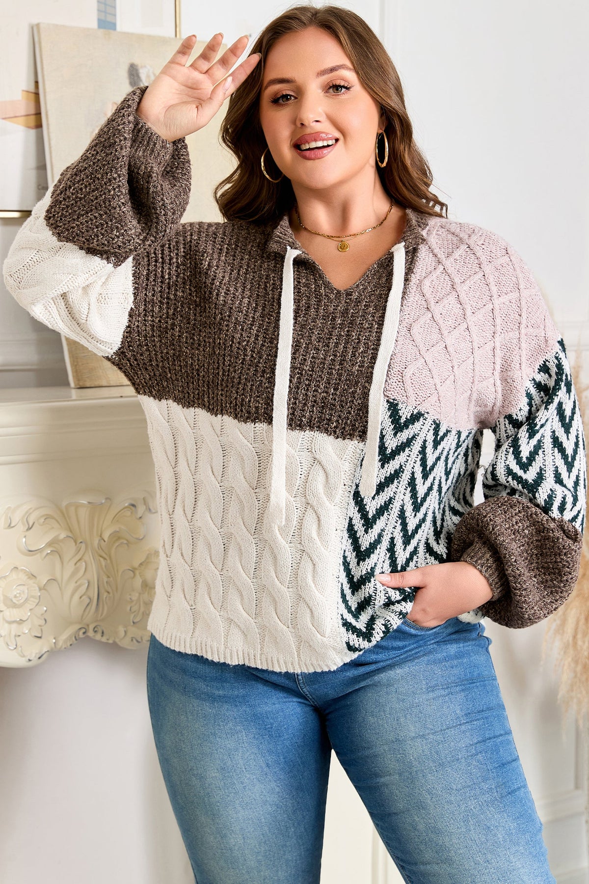 Plus Size Colorblock Cable Knit Tie Back Sweater