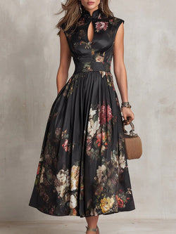 Black Digital Floral Print High-Waist Sleeveless Maxi Dress