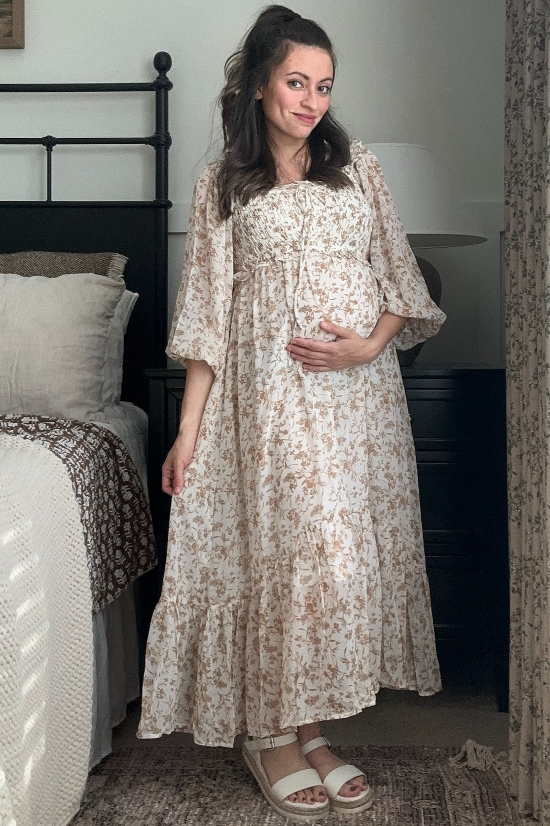 Ivory Floral Chiffon Ruffle Maternity Maxi Dress