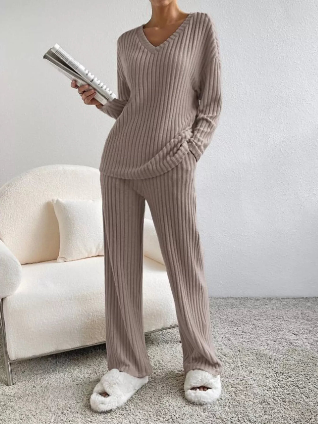 Ribbed Knit V-Neck Top and Pants Set