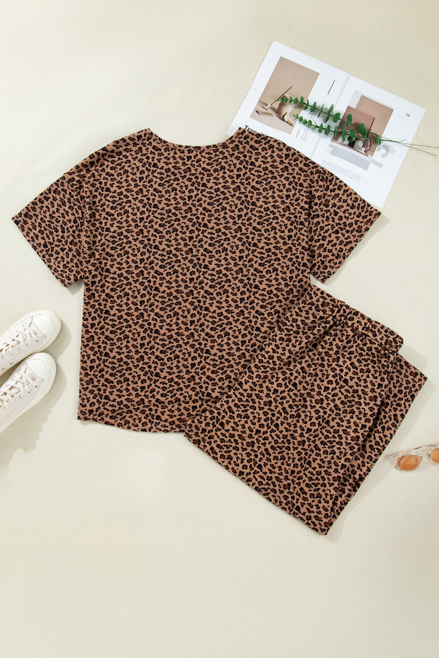 Leopard Print Short Sleeve Top and Pleated Pants Set