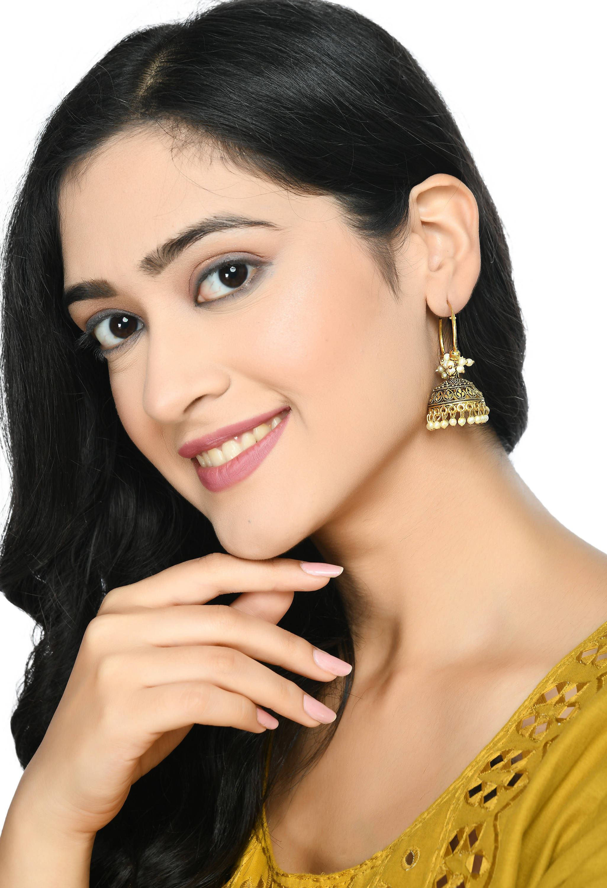Golden Color Designer Jhumkas with White Accents