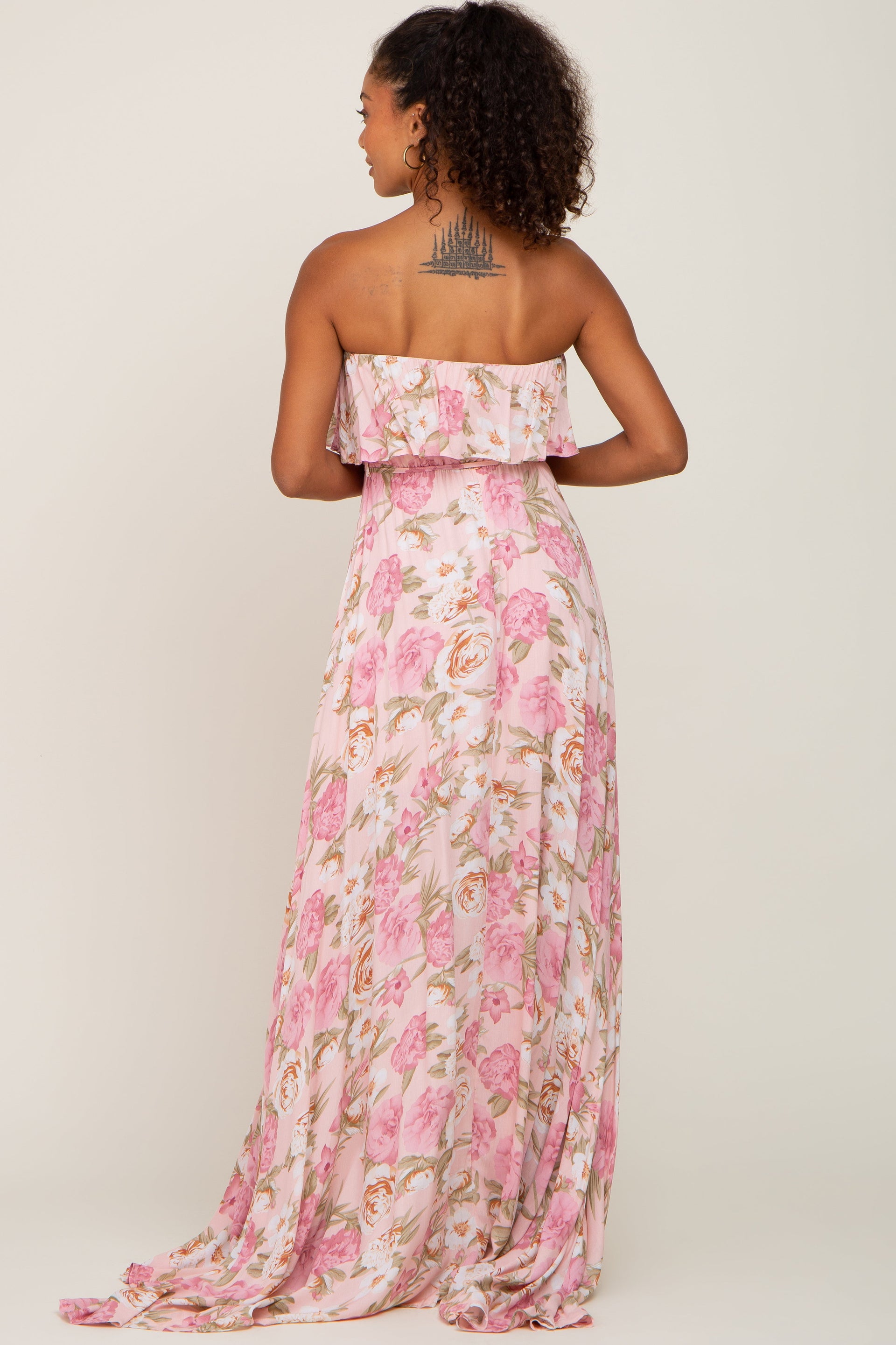 Light Pink Floral Strapless Ruffle Front Maxi Dress