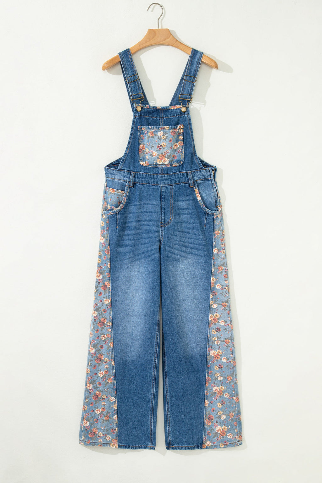 Floral Patchwork Wide Leg Denim Overalls | Square Neckline