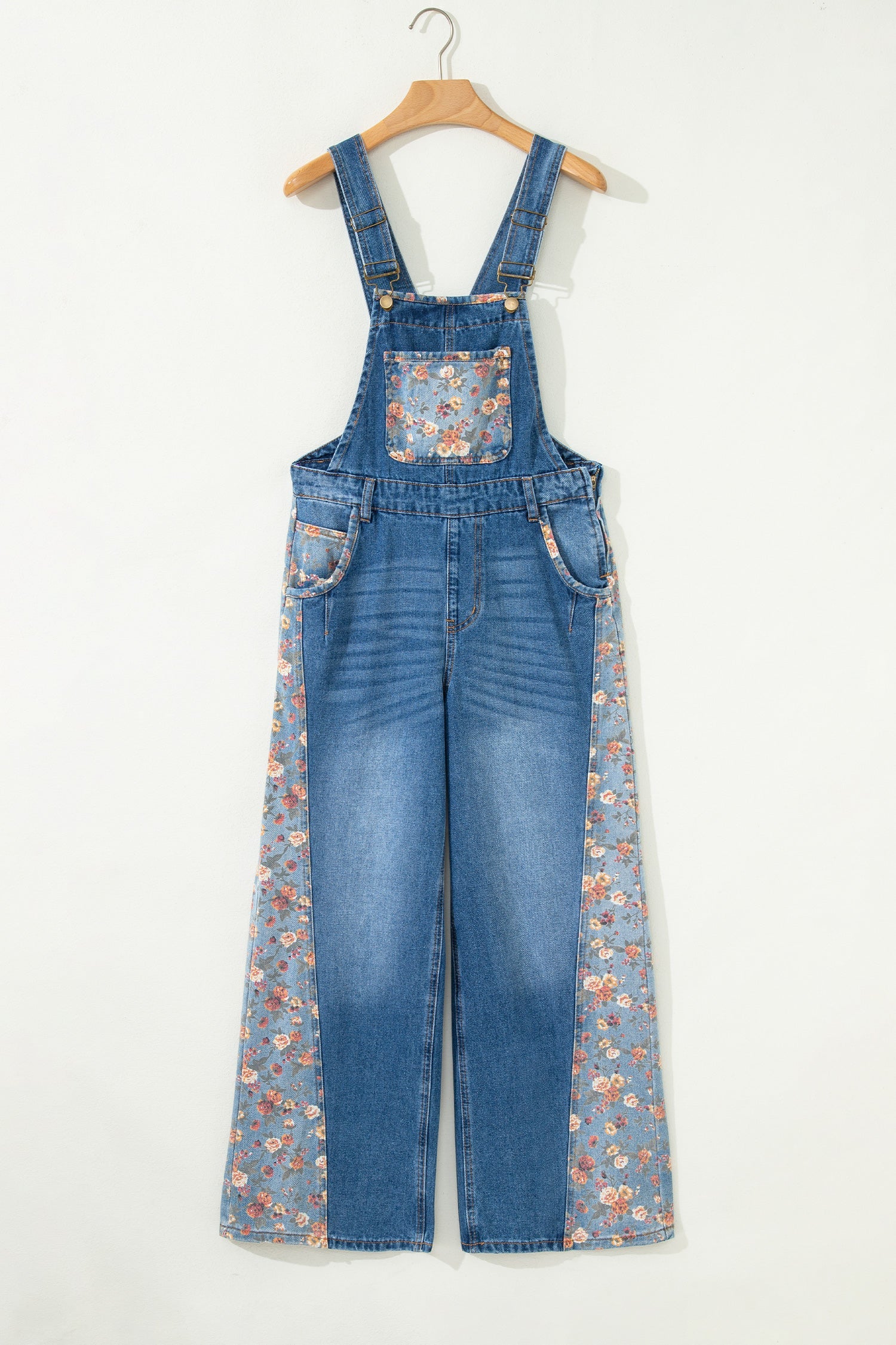 Floral Patchwork Wide Leg Denim Overalls | Square Neckline