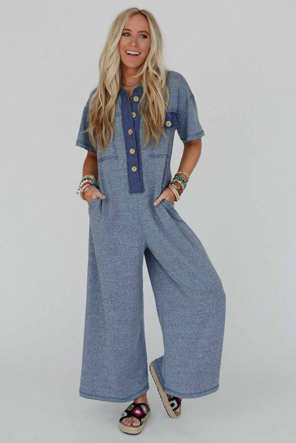 Beau Blue Patchwork Pocket Short Sleeve Jumpsuit