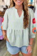Green Stripe Flower Puff Sleeve Notched V Neck Babydoll Blouse