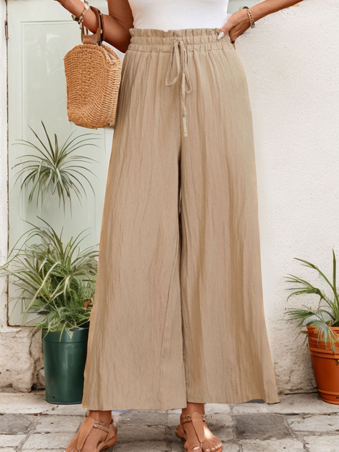 Beige Frill Wide Leg Tie Waist Pants Relaxed Fit Trousers - Image 5