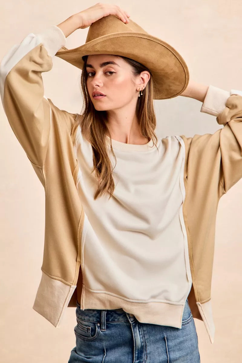 BiBi French Terry Color Block Top With Open Seam Detail