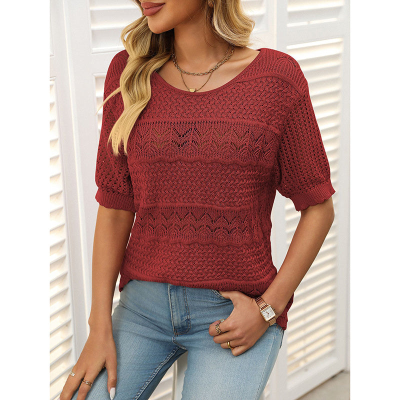 Women’s Short Sleeve Crochet Knit Hollow-Out Crew-Neck Top
