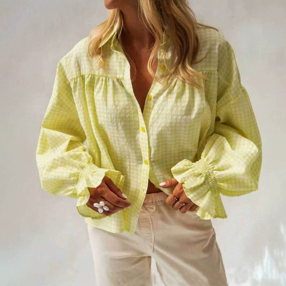 Women's Plaid Flared Sleeve Shirt Loose Fit Long Sleeve Button-Up