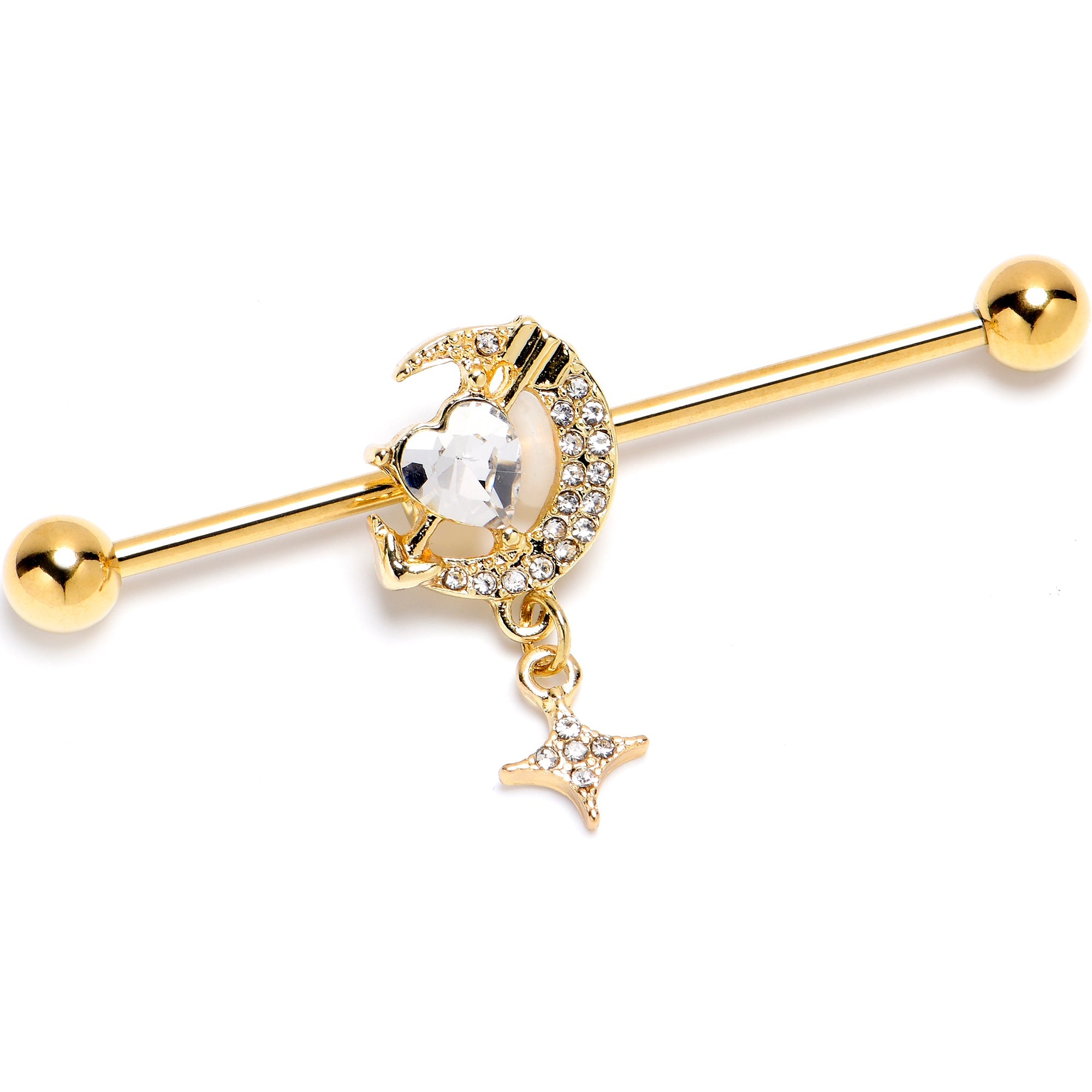 14G Clear Gem Gold Tone Moon Lover Dangle Industrial Barbell 38mm