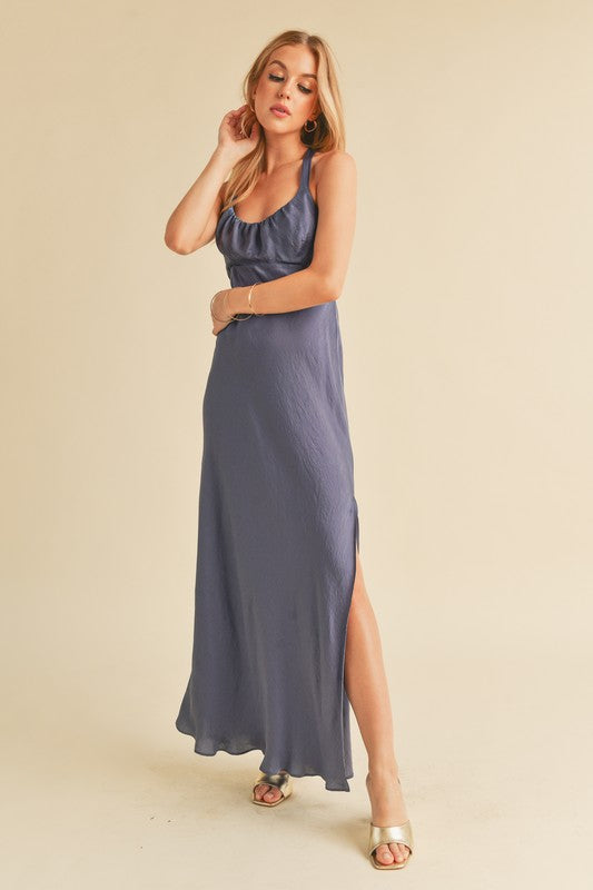 Satin Side Slit Cutout Back Maxi Cami Dress