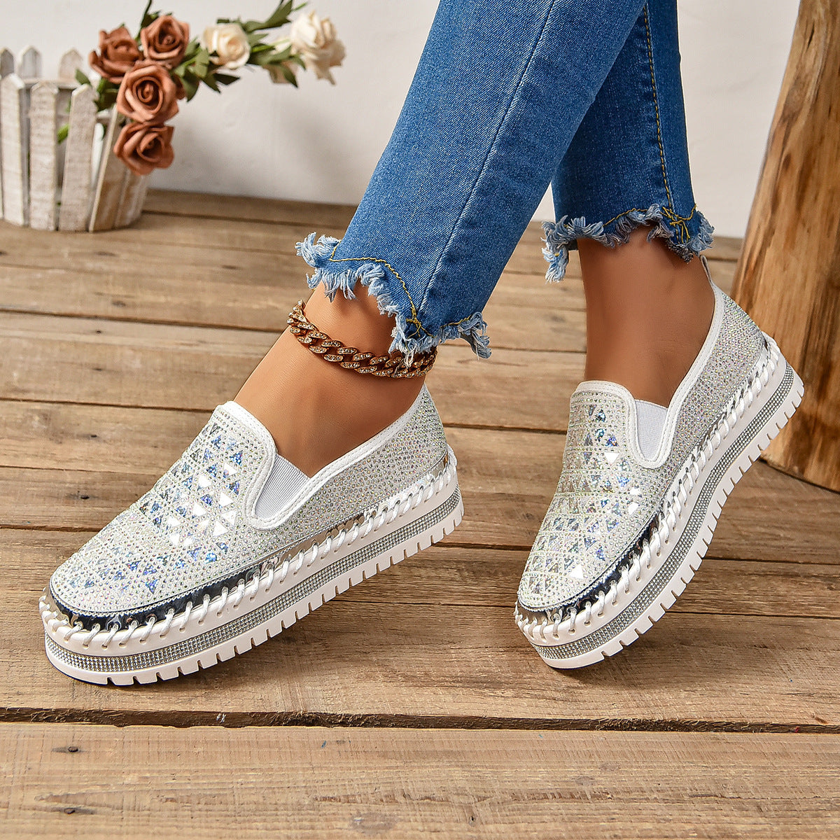 Women's Rhinestone Embellished Thick Sole Slip-On Casual Sneakers - Image 3