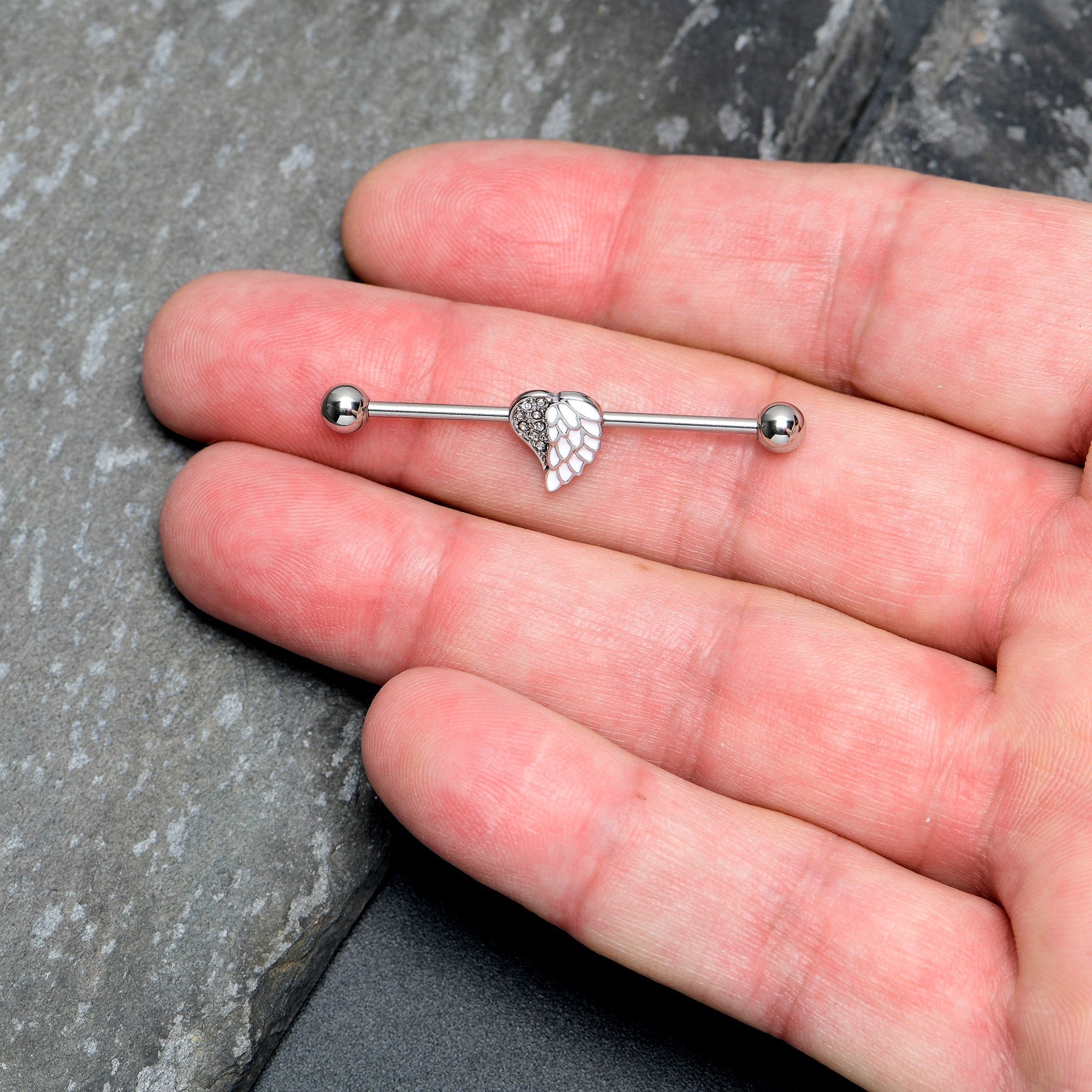 14G White Heavenly Heart Angel Wings Industrial Barbell 38mm