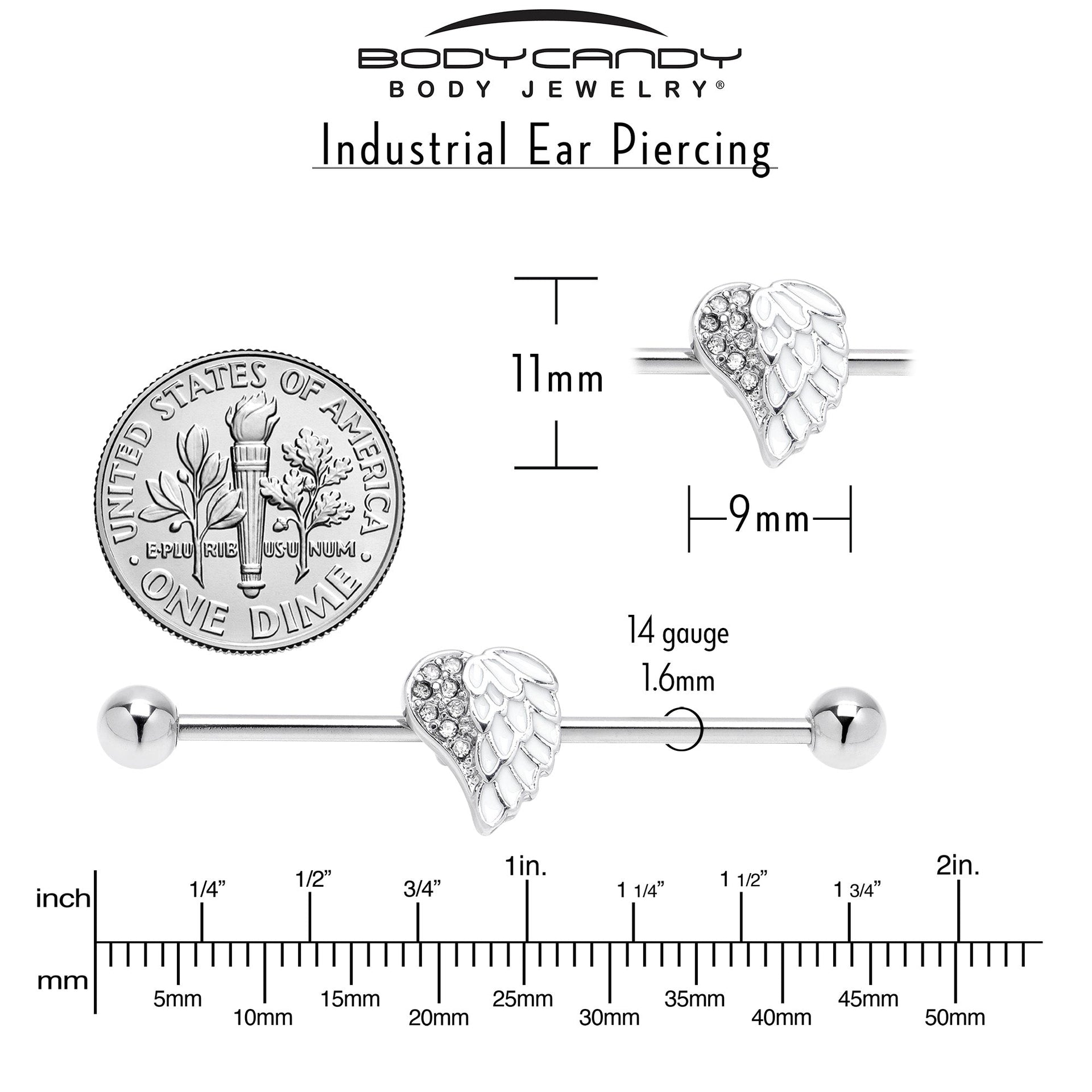 14G White Heavenly Heart Angel Wings Industrial Barbell 38mm