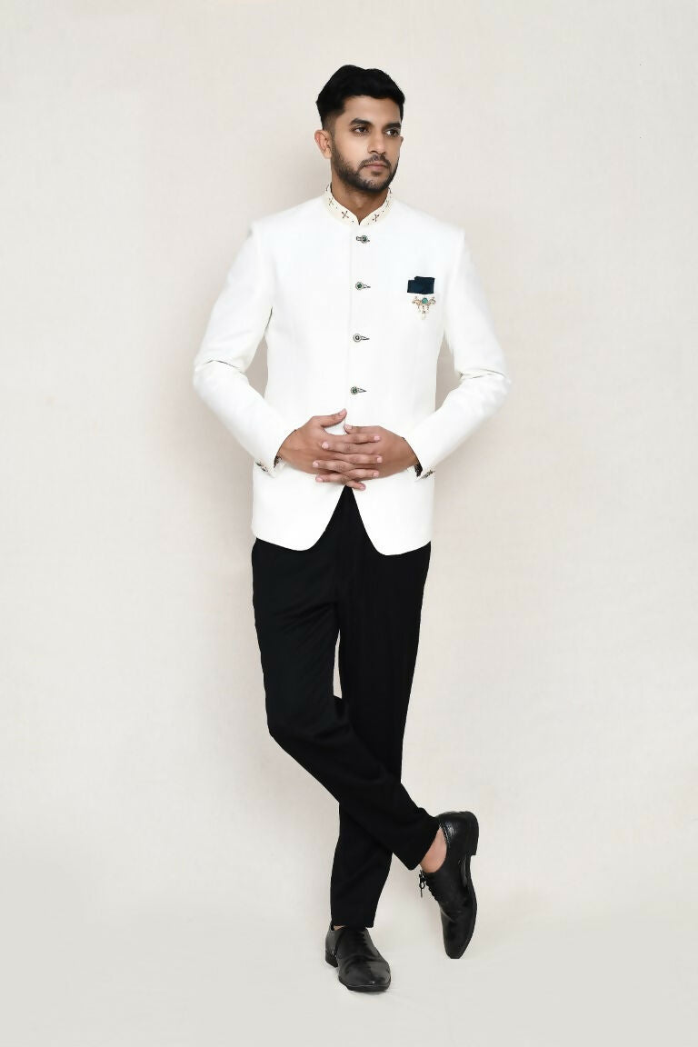 White Cotton Linen Prince Coat with Pocket Square and Pant
