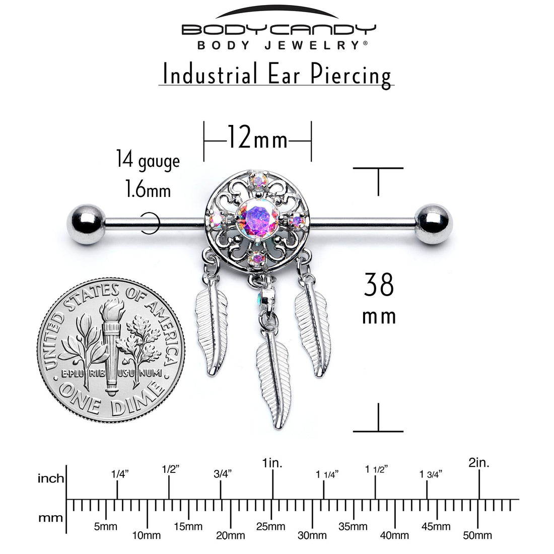 14G Aurora CZ Gem  Dreamcatcher Dangle Industrial Barbell 38mm