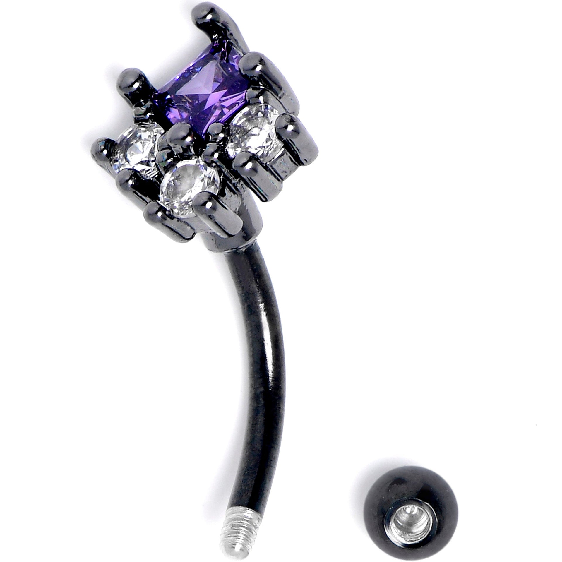16G 5/15 Clear Purple CZ Gem Black Rhombus Riot Curved Eyebrow Ring