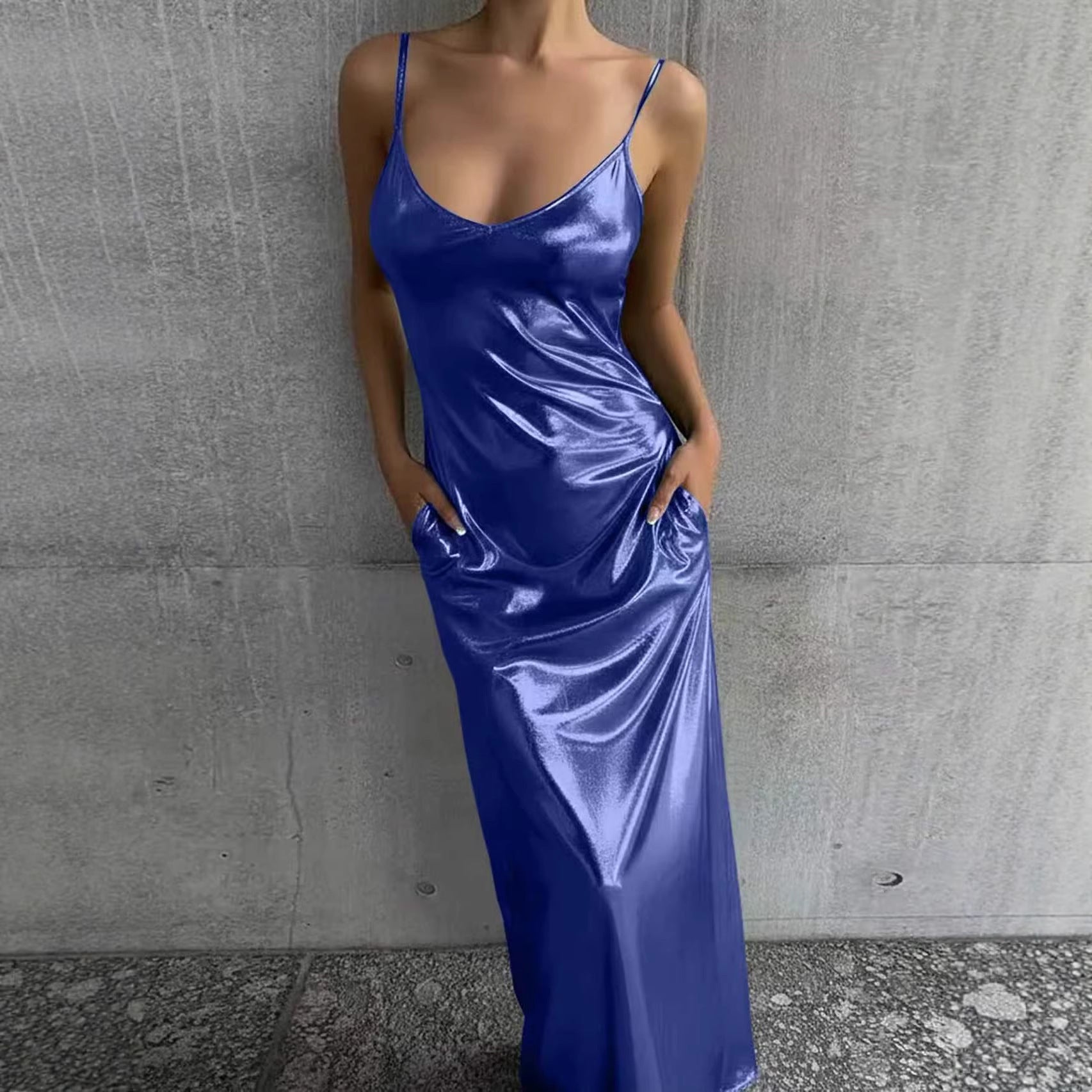 Textured Mirror-Finish Maxi Slip Dress with Pockets - Image 5