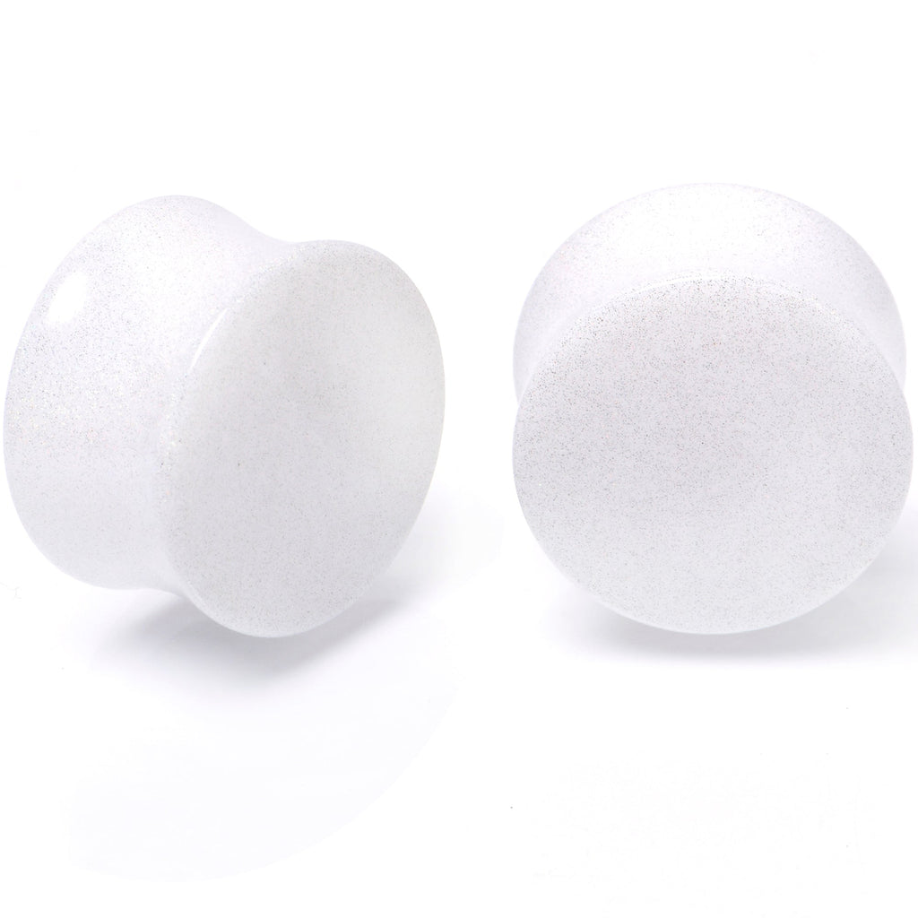 A pair of white shimmer acrylic double flare saddle plugs for stretched ear piercings