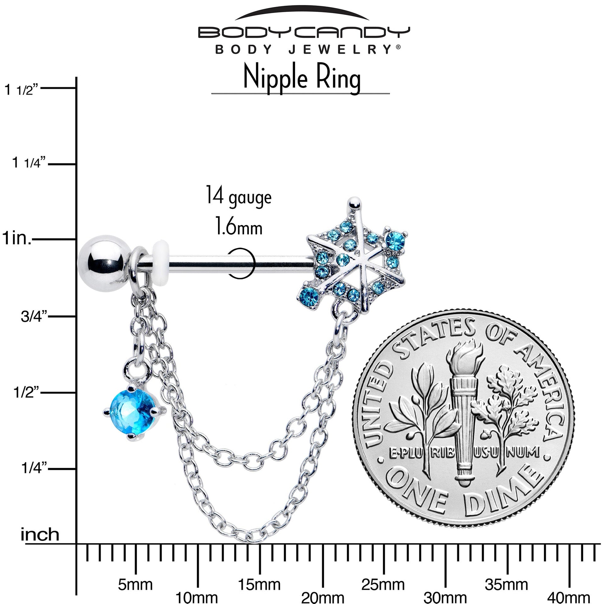 14G 9/16 Blue CZ Gem Spiderweb Chain Dangle Nipple Ring Set