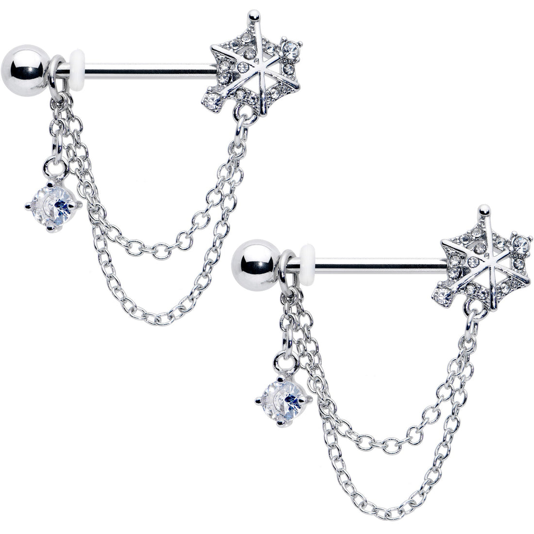 14G 9/16 Clear CZ Gem Spiderweb Chain Dangle Nipple Ring Set