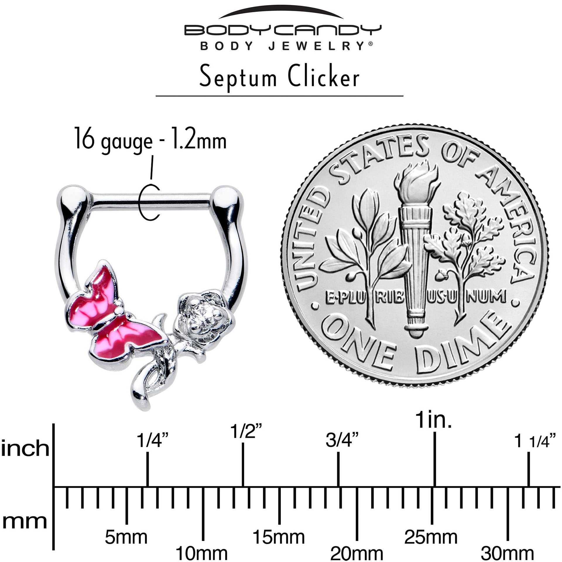16G 5/6 Clear CZ Gem Butterfly Rose Flower Pink Cartilage Clicker