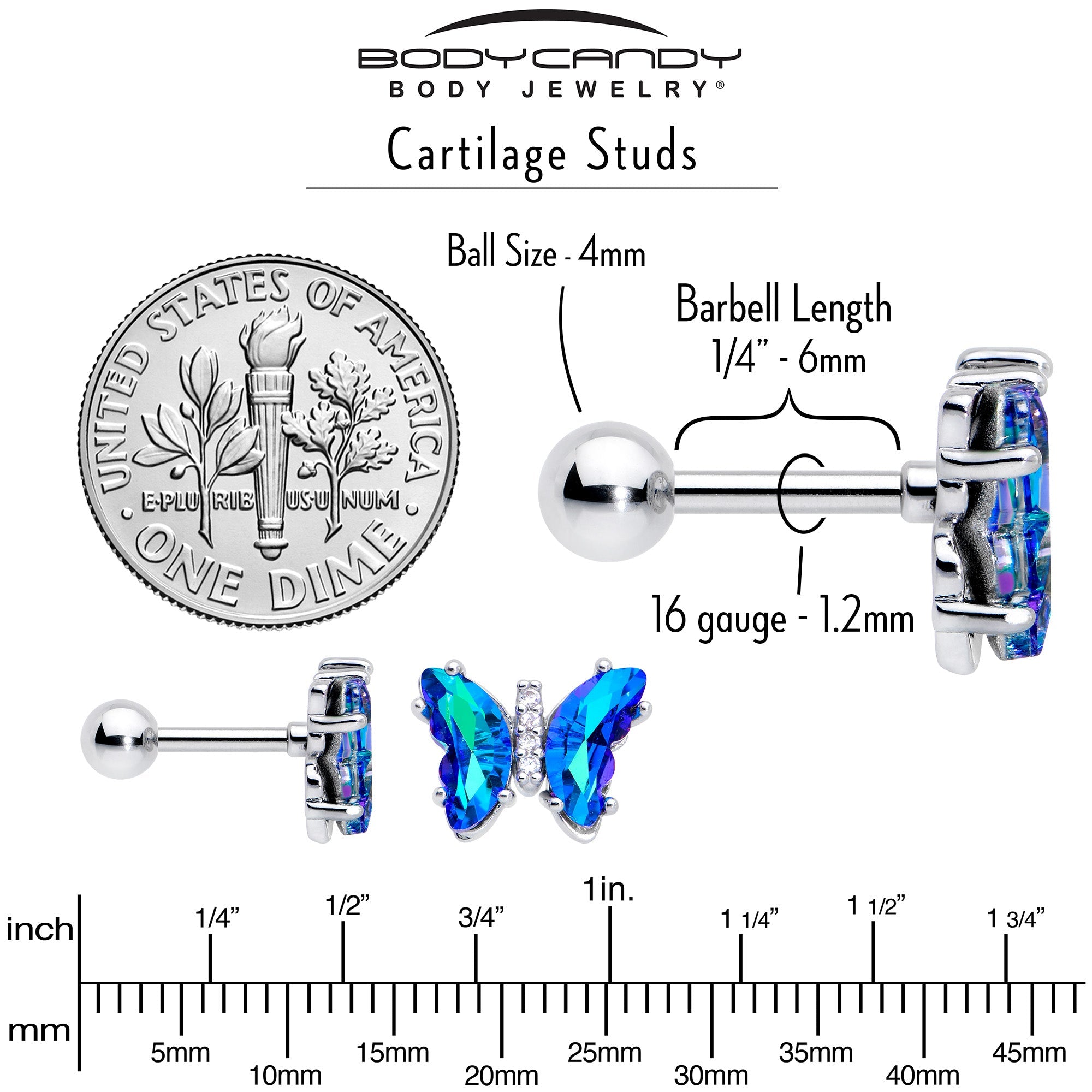 16G 1/4 Blue CZ Gem Simply Colorful Butterfly Cartilage Earring