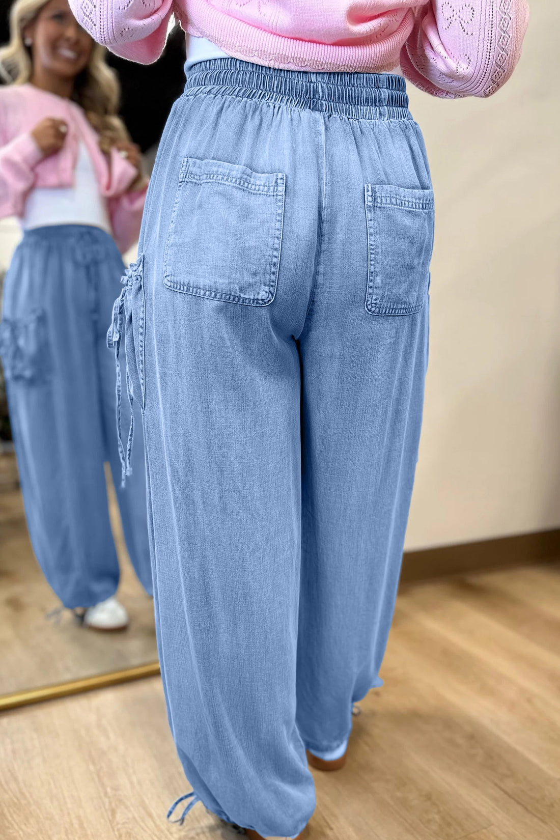 Women's Light Blue Drawstring Denim Pants Relaxed Streetwear