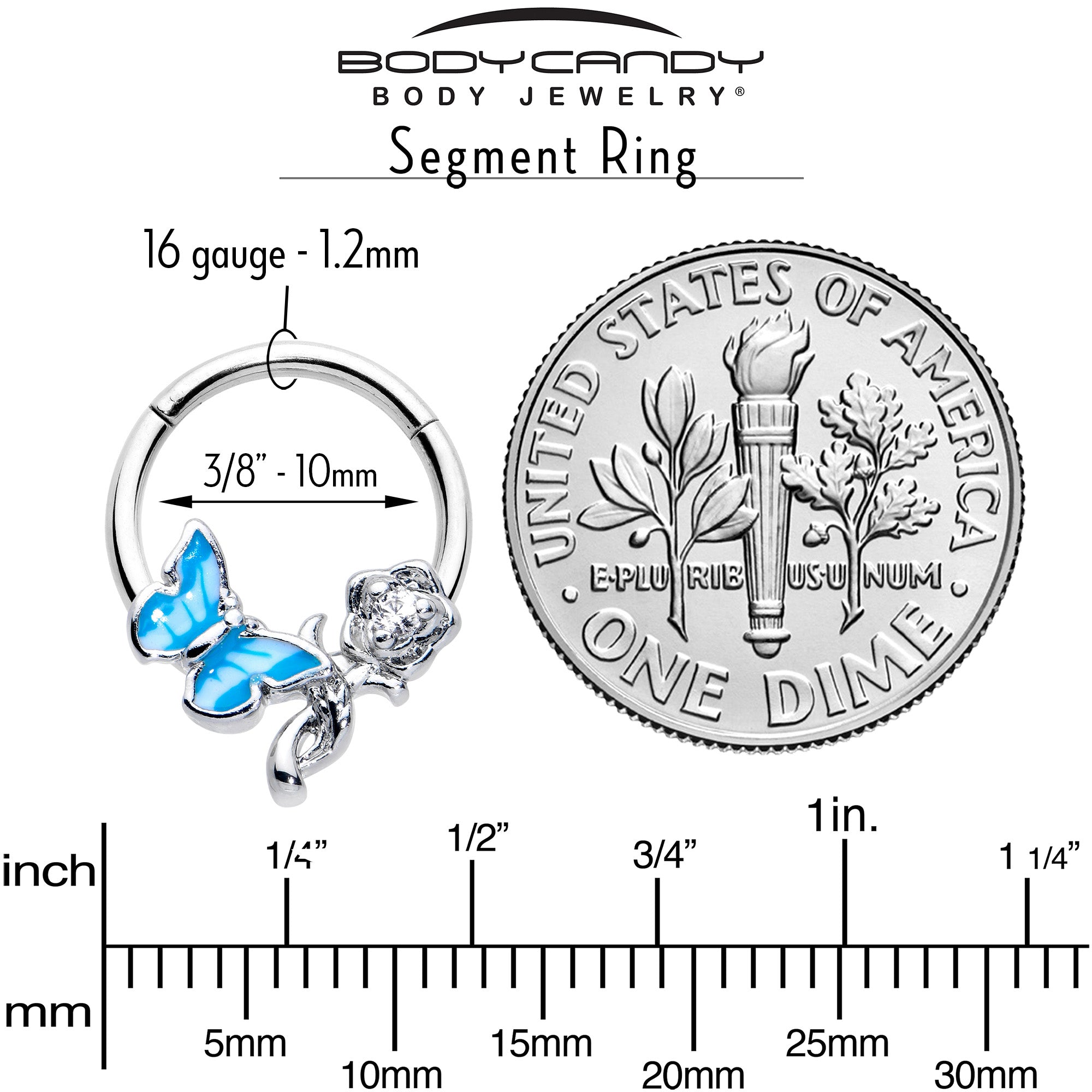 16G 3/8 Clear CZ Gem Butterfly Rose Blue Hinged Segment Ring
