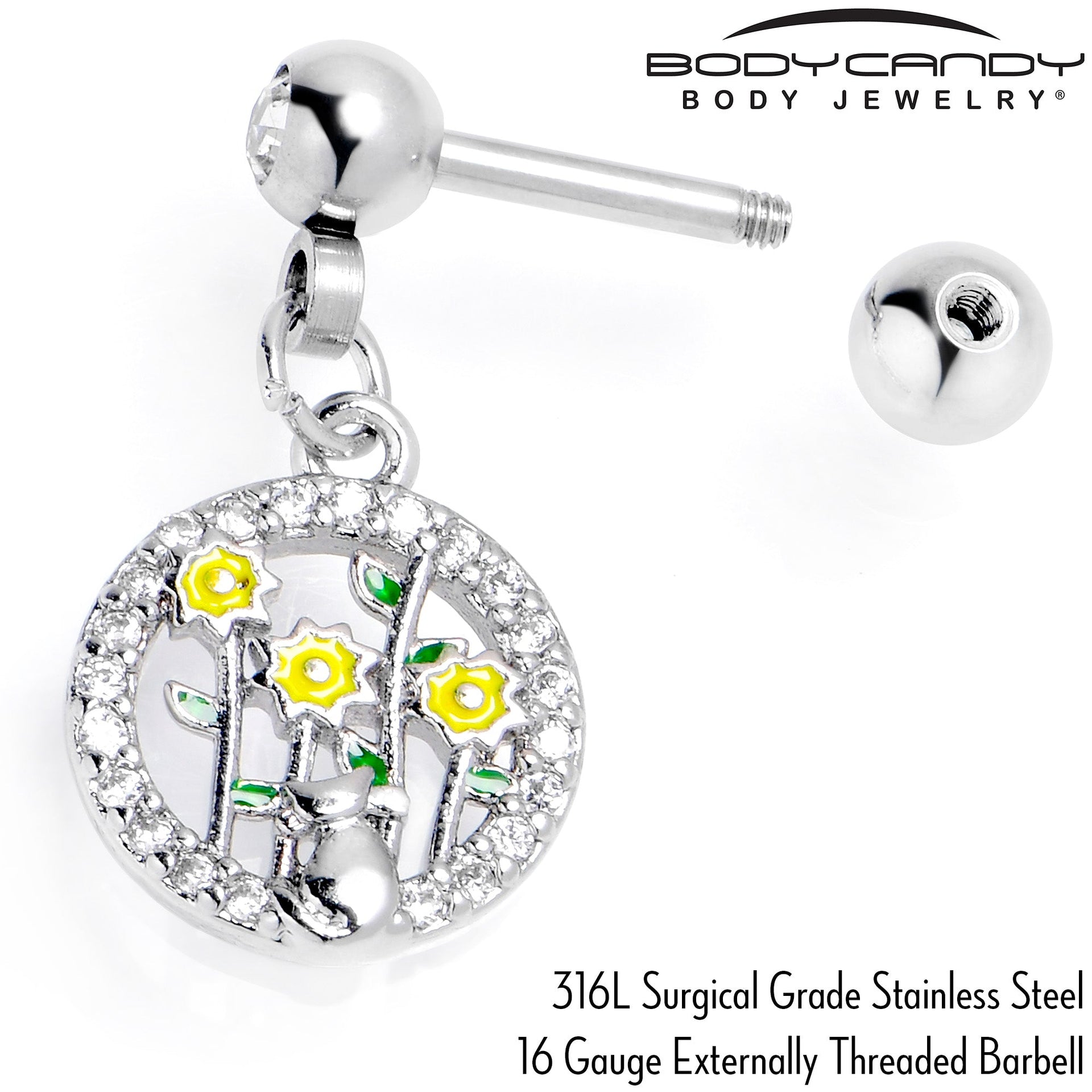 16G 1/4 Clear Gem Cat Yellow Flowers Dangle Cartilage Earring