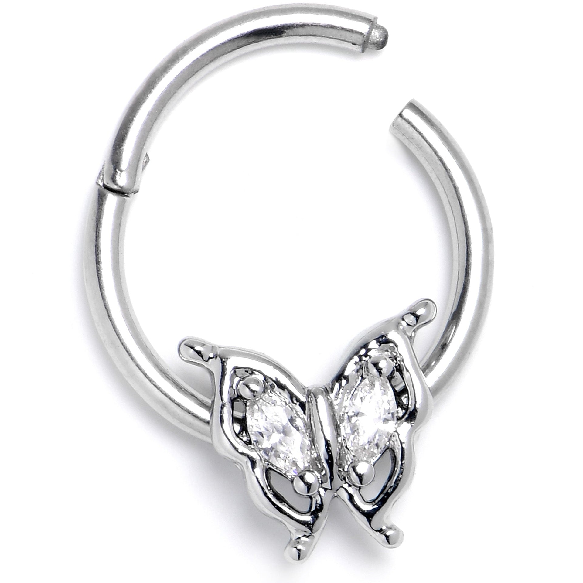 16G 3/8 Clear Gem Fancy Fab Butterfly Hinged Segment Ring