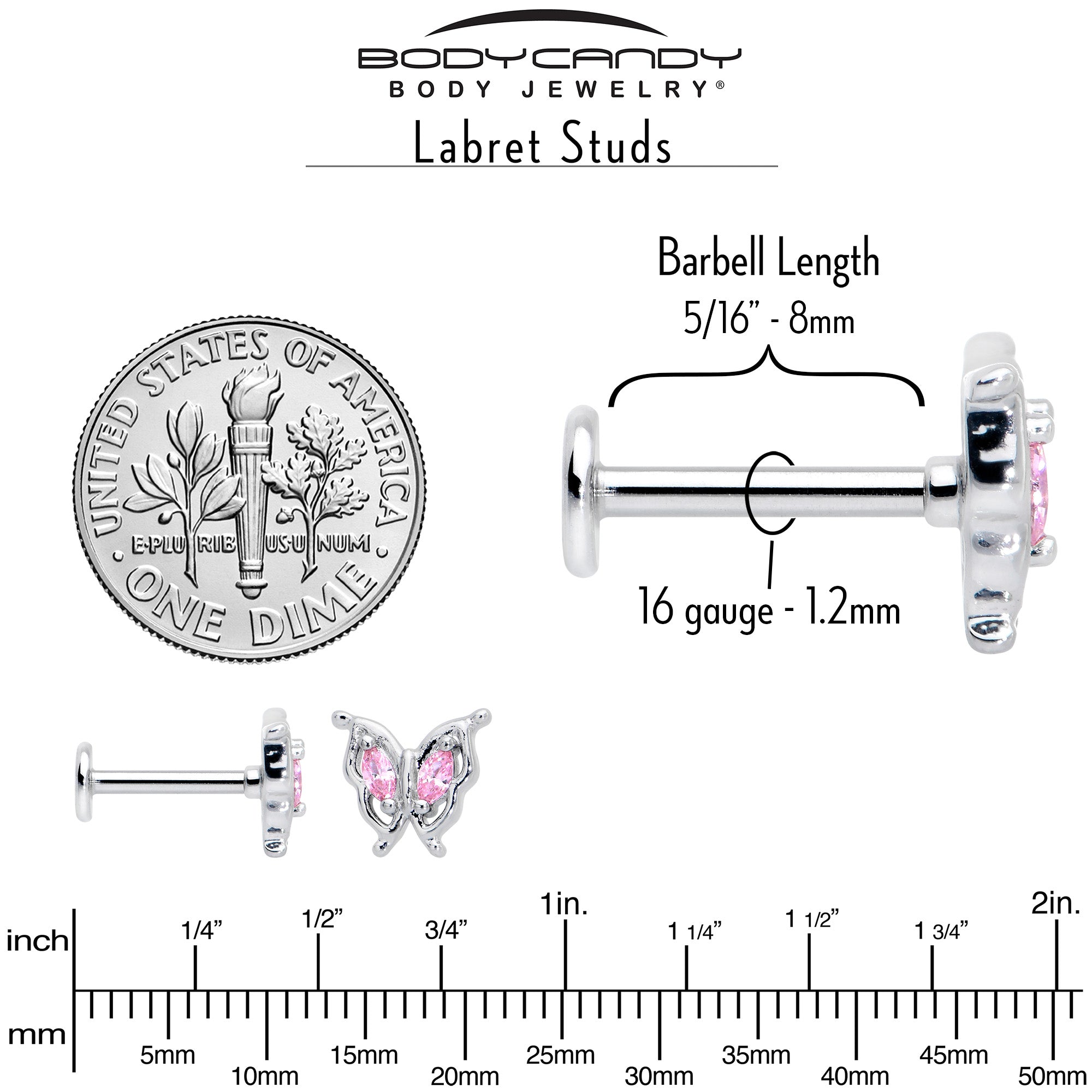 16G 5/16 Pink Gem Fancy Fab Butterfly Internally Threaded Labret
