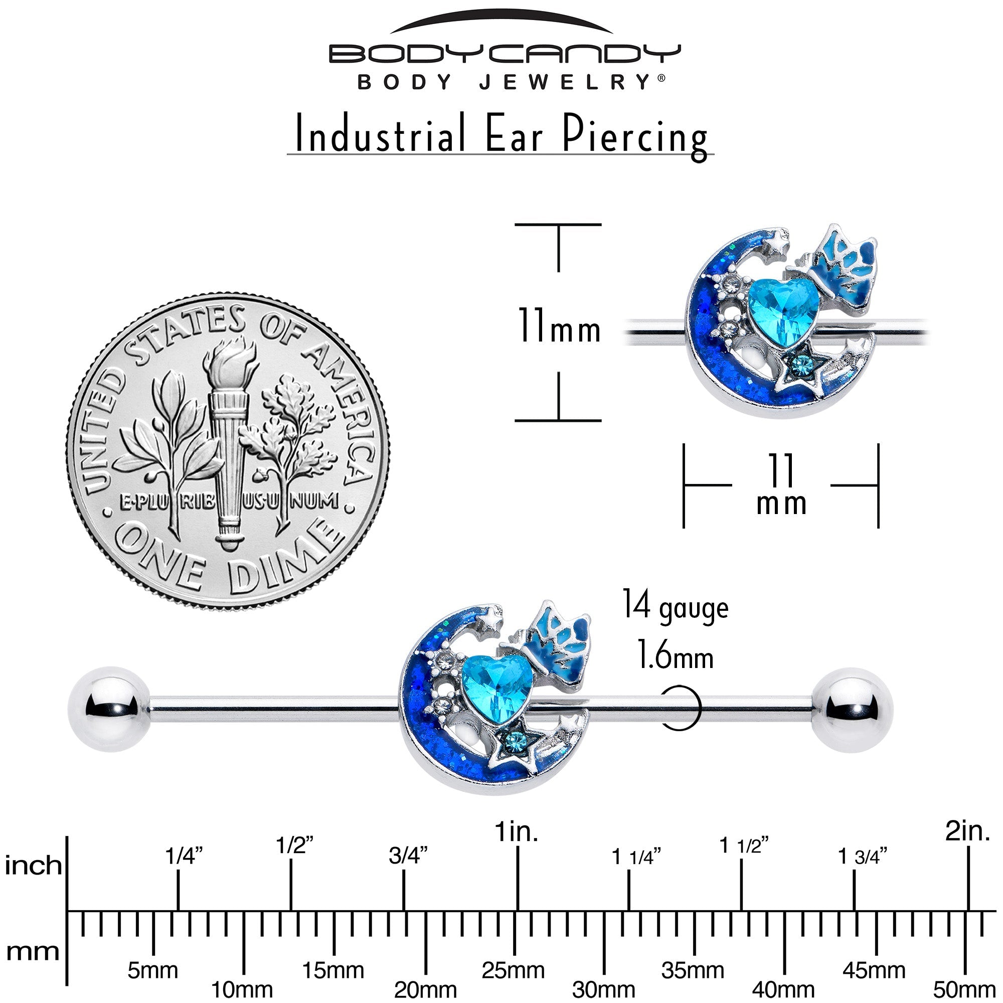 14G Blue CZ Gem Butterfly Love Heart Industrial Barbell 38mm