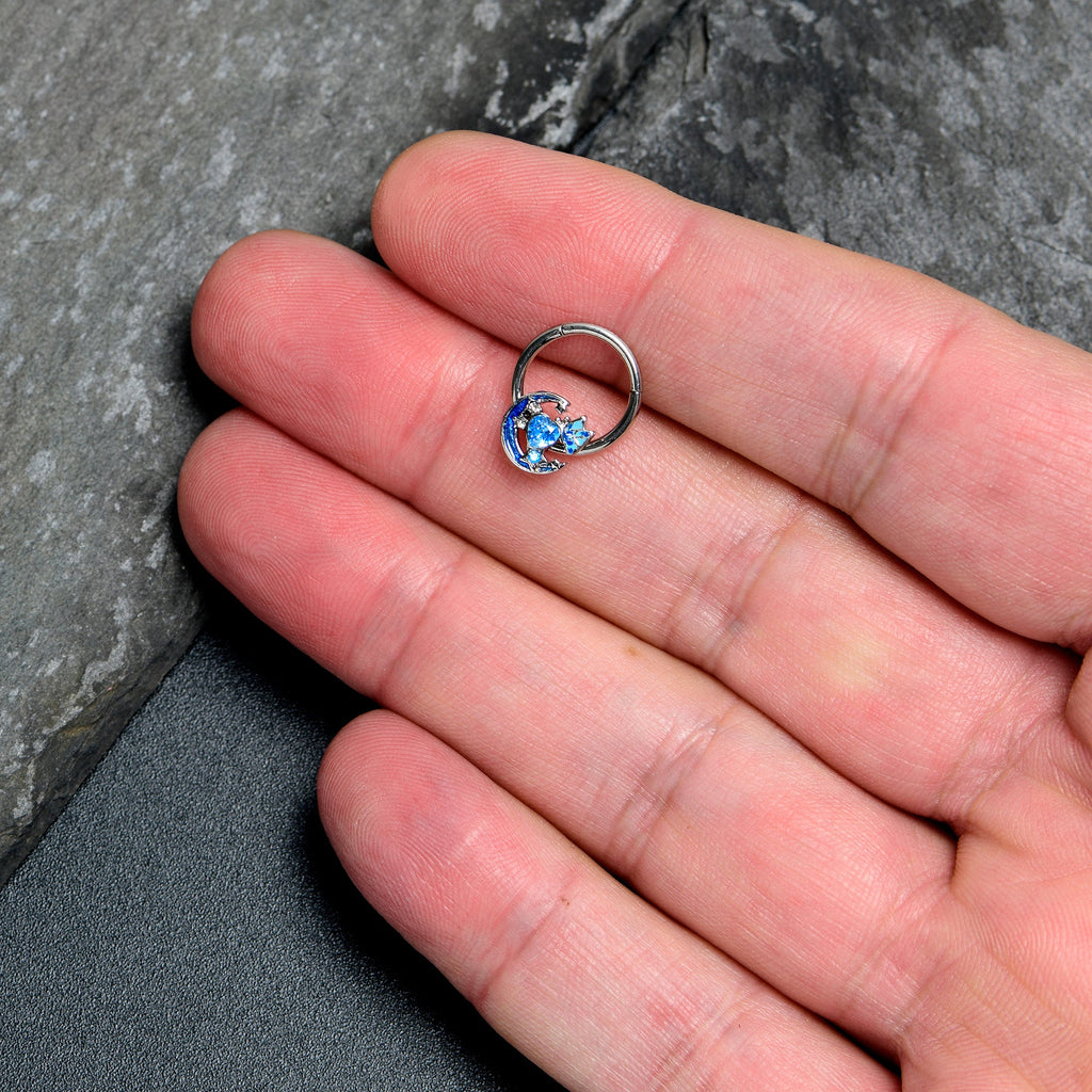 16G 3/8 Blue CZ Gem Butterfly Love Heart Hinged Segment Ring