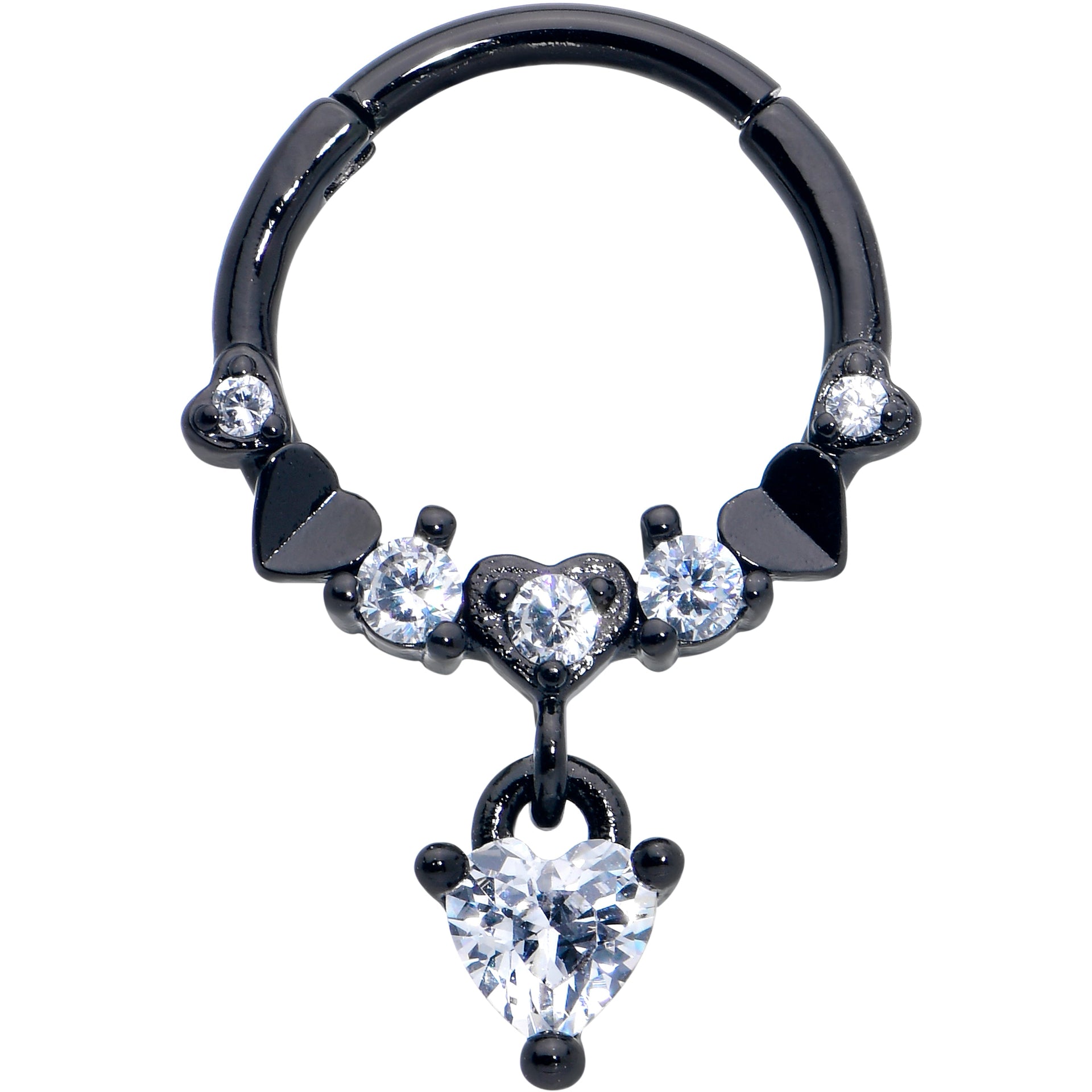 16G 3/8 Clear CZ Gem Black Love Heart Dangle Hinged Segment Ring