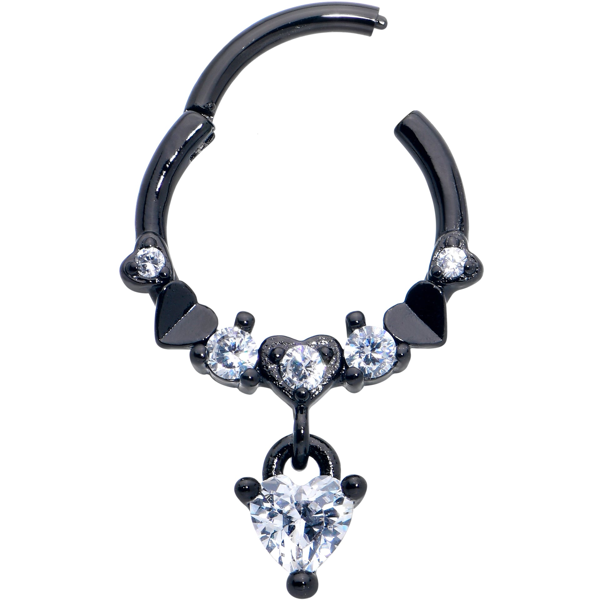 16G 3/8 Clear CZ Gem Black Love Heart Dangle Hinged Segment Ring