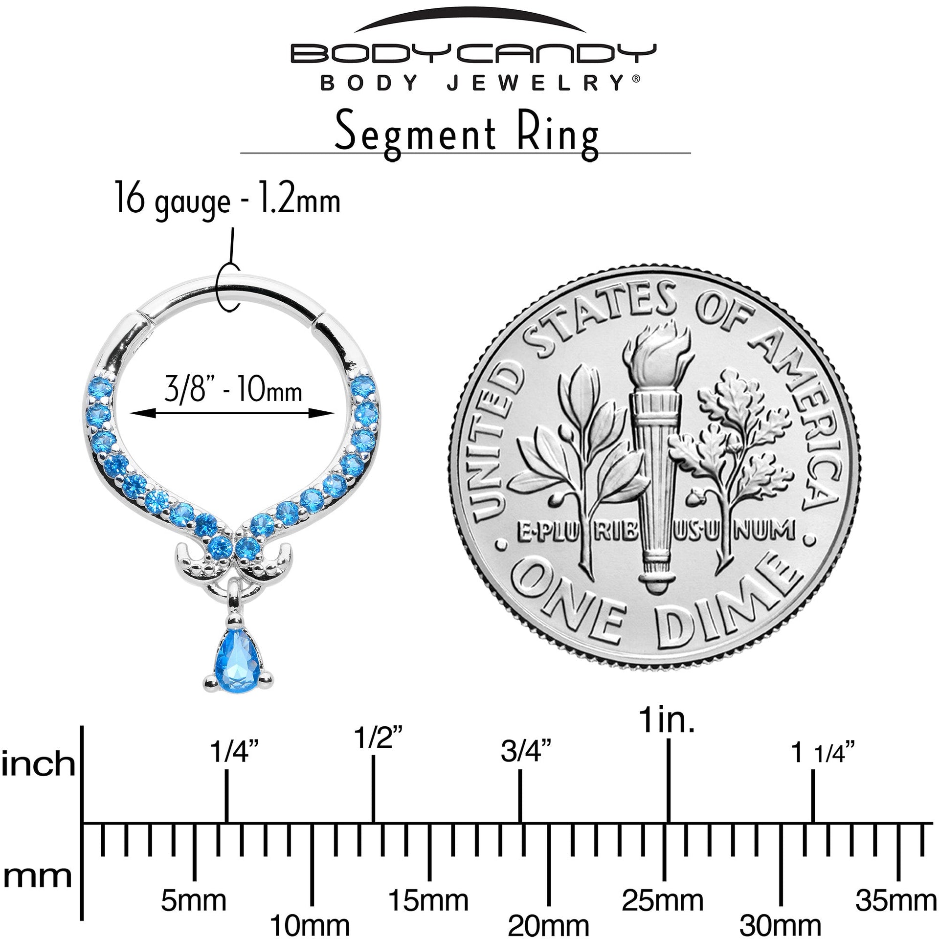 16G 3/8 Blue CZ Gem Elegant Curves Dangle Hinged Segment Ring